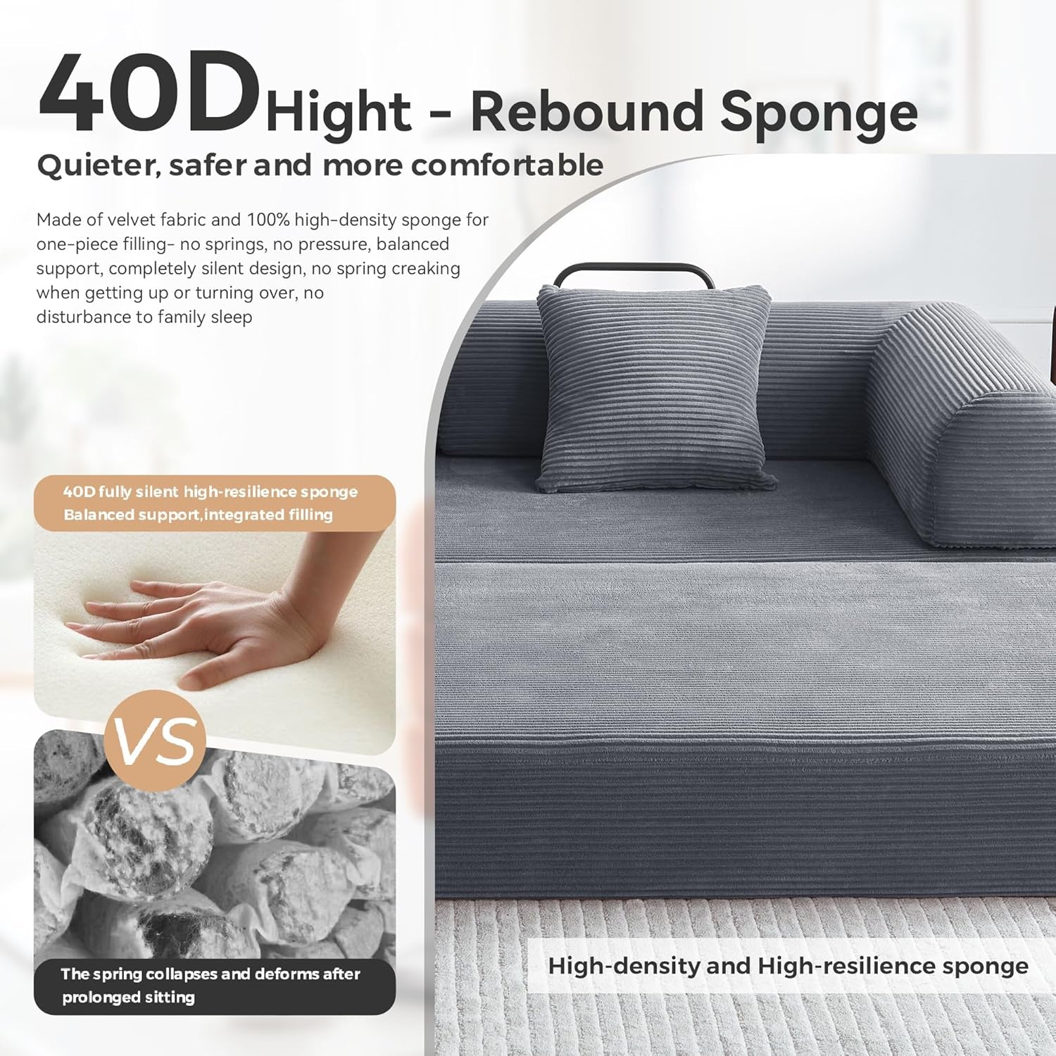 Sofa Bed, Corduroy Sleeper Sofa Bed with Fixed Frame, Floor Sofa Lounge with Pillow, Convertible Folding Mattress Couch for Living Room, Bedroom, Lounge, Studio (Dark Grey)