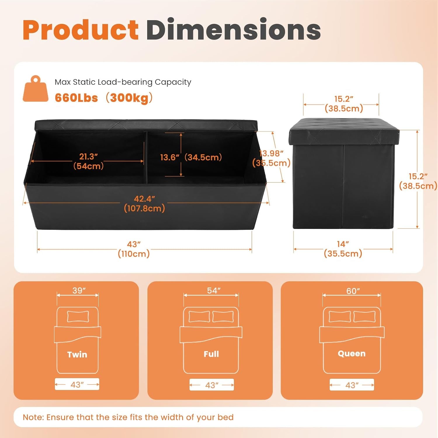 43 Inches Folding Ottoman with Storage Bench, Foot Rest Stool, End of Bed Storage Bench Upholstered, Load 660 Lbs, for Living Room, Lychee Grain Leather, Black