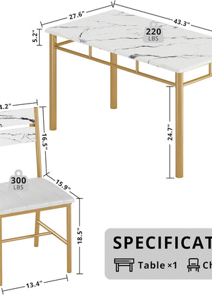 4-Person Wooden Dining Table Set with Upholstered Chairs, Space-Saving Design for Compact Dining Areas, White and Gold Finish