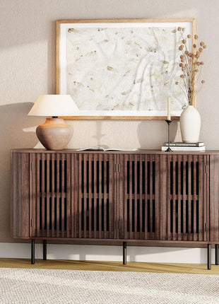 64" Wood Sideboard Buffet Cabinet with 4 Fluted Doors and Curved Design, Walnut Finish, Ideal for Dining Room and Hallway Storage