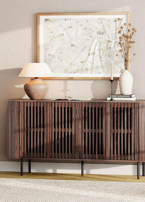 64" Wood Sideboard Buffet Cabinet with 4 Fluted Doors and Curved Design, Walnut Finish, Ideal for Dining Room and Hallway Storage