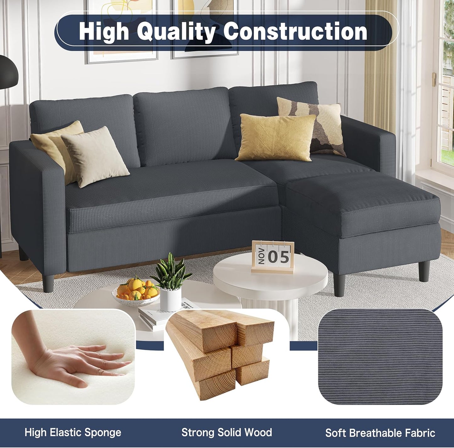 Small Sectional Sofa Couches,L Shape Convertible Sofa with Ottoman,3 Seat Comfy Corduroy Upholstered Sofa Couch,Small Couch for Apartment,Living Room and Office(Dark Grey)