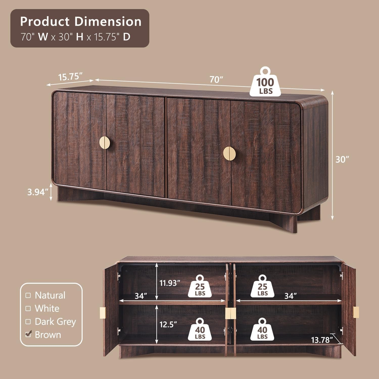 70" Modern TV Stand for Tvs up to 80 Inches, 30" Tall Entertainment Center with Storage and Adjustable Shelves, TV Console with Curved Profile Design, Media Console for Living Room, Brown