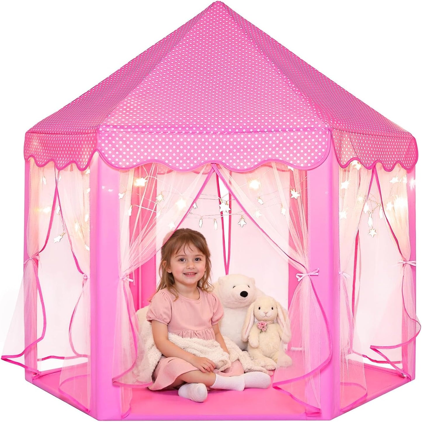 Princess Castle Tent for Girls Fairy Play Tents for Kids Hexagon Playhouse with Fairy Star Lights Toys for Children or Toddlers Indoor or Outdoor Games (Pink)