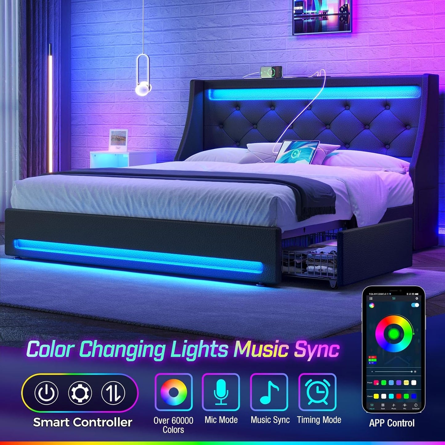 Full Bed Frame with LED Lights and Charging Station, PU Leather Bed with Drawers, Wooden Slats, Noise Free, Easy Assembly, Black