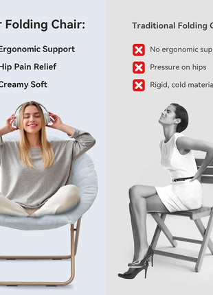 Set of 2 Adult Faux Fur Saucer Chairs - Comfortable Lounge Seating for Living Room, Bedroom, Dorm, and Apartment with Thick Padding and Folding Metal Frame (Blue)