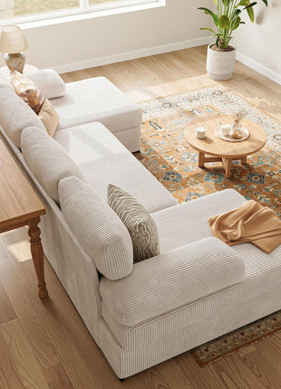 112-Inch U-Shaped Sectional Sofa | Contemporary Cloud Couch with Double Chaise | Four-Seater Corduroy Sofa for Apartments | Warm White | Durable Iron Frame with Squeak-Free Design | Supports up to 1200 lbs