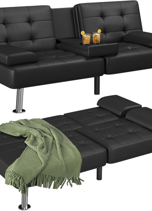Modern Convertible Futon Sofa Bed with Recliner Lounge and Removable Armrests, Black PU Leather, Featuring Dual Cup Holders