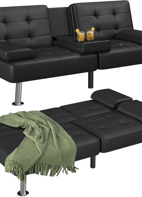 Modern Convertible Futon Sofa Bed with Recliner Lounge and Removable Armrests, Black PU Leather, Featuring Dual Cup Holders