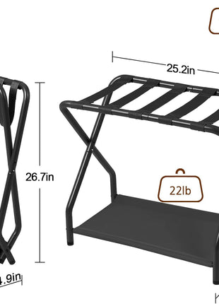 Set of 2 Foldable Luggage Racks with Storage Shelf, Metal Suitcase Stands for Guest Rooms and Hotels, Easy Assembly, Black HLR02BK