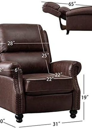 Pushback Recliner Chair in Faux Leather with Rivet Accents - Reddish Brown Single Sofa Accent Chair for Living Room