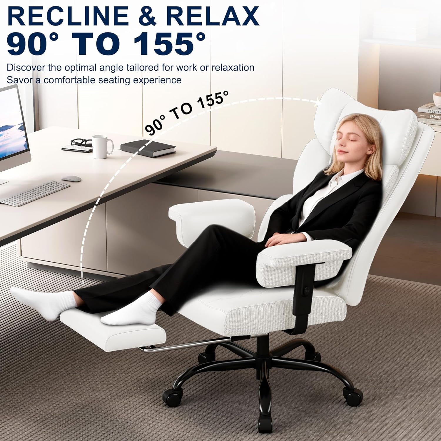 Big and Tall Office Chair with Footrest, High Back Executive Desk Chair with Adjustable Lift Armrest, 155°Recline，Lumbar Support Pillow, Faux Leather Gaming Chairs for Home or Office White