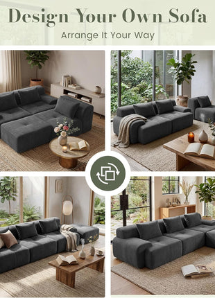 108'' Modular Tufted Sectional Sofa with Ottoman, Deep Seat L-Shape Couch, Dark Grey Corduroy with 3 Throw Pillows - Ideal for Living Room