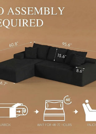 96-Inch L-Shaped Modular Sectional Sofa with Deep Seat Chaise | Boneless Cloud Couch in Soft Corduroy with Compressed Memory Foam | No Assembly Required | Ideal for Living Room, Apartment, or Bedroom | Black Finish
