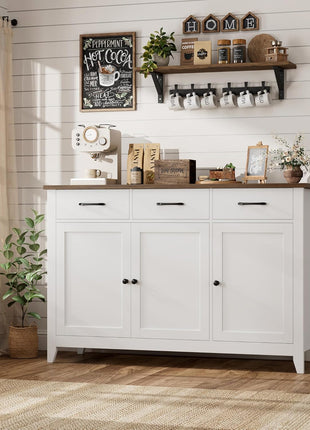 47-Inch Contemporary Farmhouse Buffet Cabinet with Storage Solutions, Adjustable Shelves, and Drawers for Dining Room, Kitchen, and Entryway - White Wood Sideboard