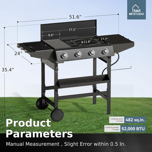 3-In-1 Stove and Griddle Combo Gas Grill 4-Burner Propane Grills 52,000 BTU High Output for Outdoor Patio Barbecue and Meals