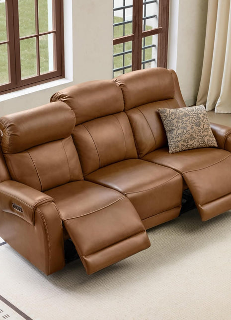 Genuine Leather Power Recliner Sofa with Wall Hugger Design, Dual Motors, USB Charging Ports, Ideal for Living Room and RV, Saddle Leather Finish