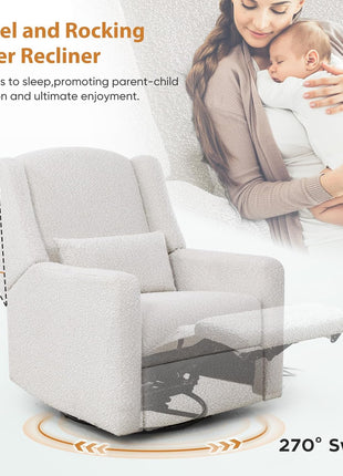 Professional Power Recliner Chair with Swivel Glider Functionality, Large Boucle Upholstered Rocker Recliner with USB Charging Port for Nursery, Bedroom, and Living Room, Cream