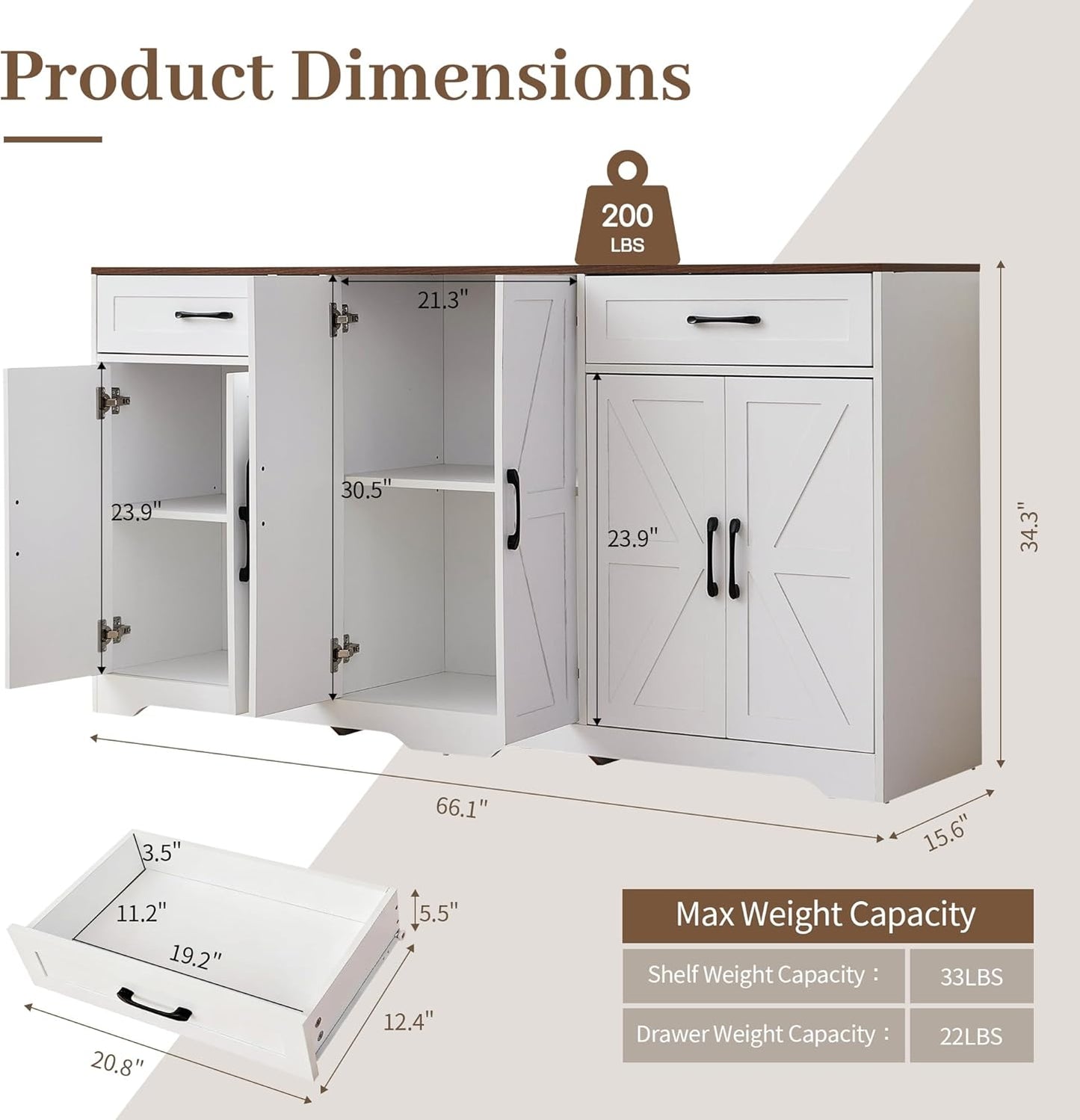 66" Buffet Sideboard Cabinet, Farmhouse Kitchen Buffet with Storage, Wood Coffee Bar Station with Adjustable Shelves and Drawers, Sideboard Credenza for Kitchen, Entryway