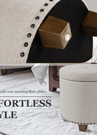 Upholstered Round Storage Ottoman with Nailhead Trim in Light Brown Fabric for Living Room and Bedroom