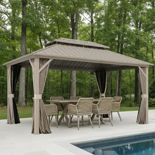 10' X 14' Outdoor Hardtop Gazebo with 7 Pieces Outdoor Dining Set, Champagne Aluminum Gazebo with Galvanized Steel Double Roof, Curtains and Netting for Patio Lawn and Garden