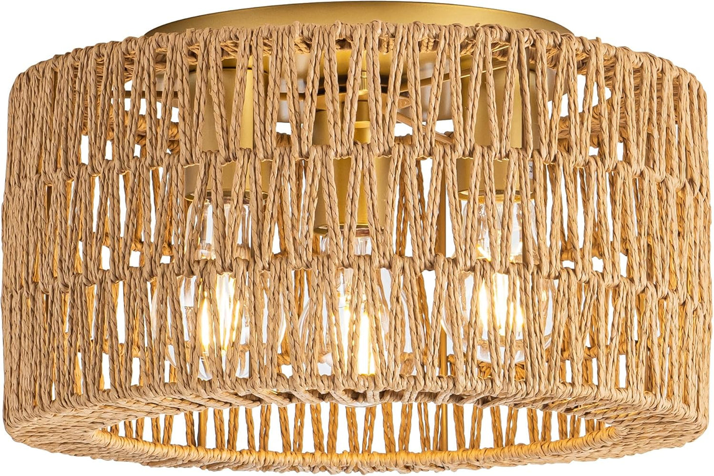 Rattan Ceiling Light Fixture, 3 Light Bohemian Modern Woven Ceiling Light, Boho Flush Mount Ceiling Light for Bedroom Living Room Dining Room, Bulb NOT Included