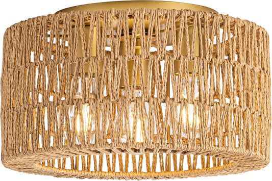 Rattan Ceiling Light Fixture, 3 Light Bohemian Modern Woven Ceiling Light, Boho Flush Mount Ceiling Light for Bedroom Living Room Dining Room, Bulb NOT Included
