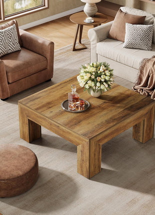 39.4-Inch Square Coffee Table - Farmhouse-Style MDF Accent Table with Durable Wooden Legs and Simple Assembly in Rustic Brown