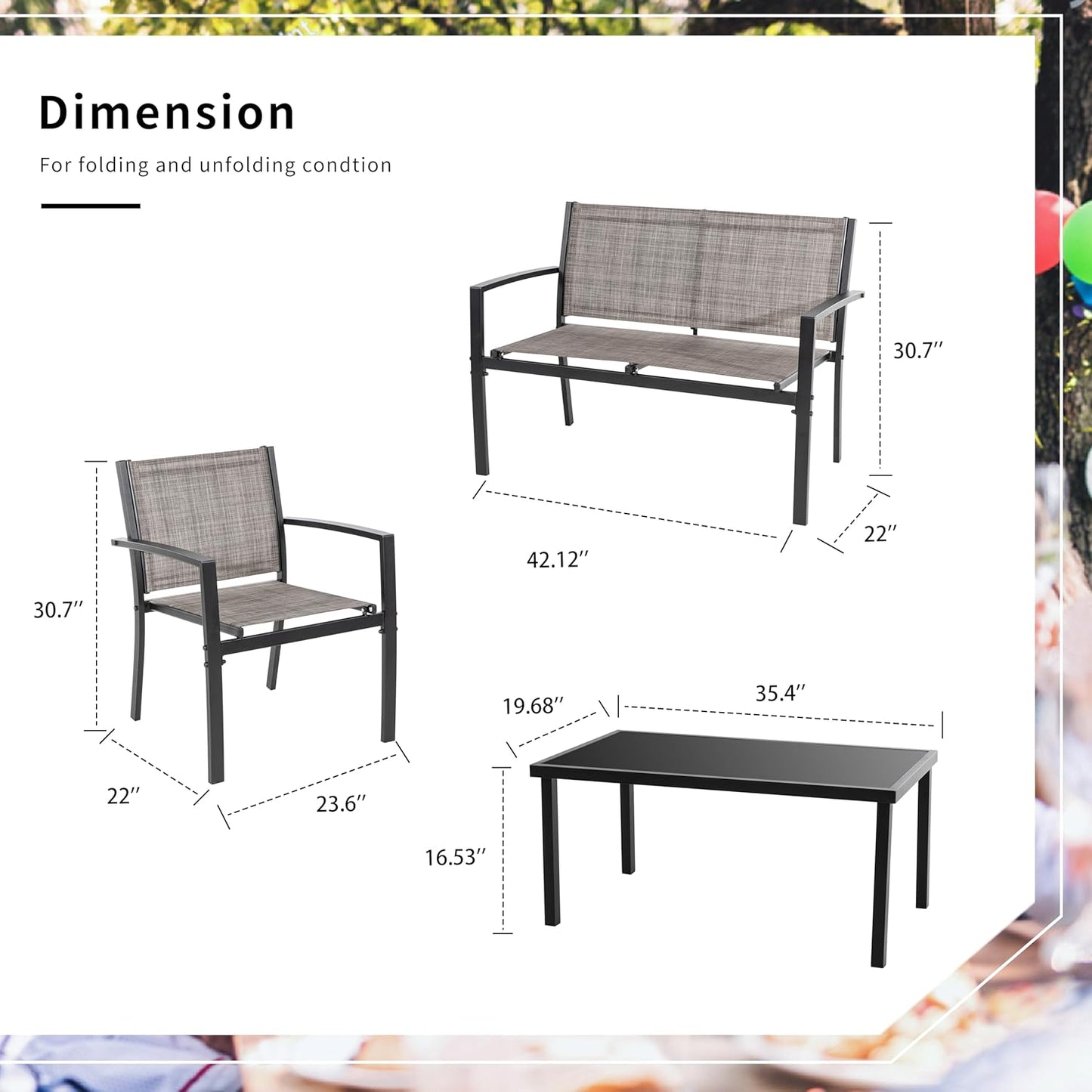 4 Pieces Patio Furniture Set All Weather Textile Fabric Outdoor Conversation Set, with Glass Coffee Table, Loveseat, 2 Single Chairs for Home, Garden, Lawn, Porch（Light Brown）