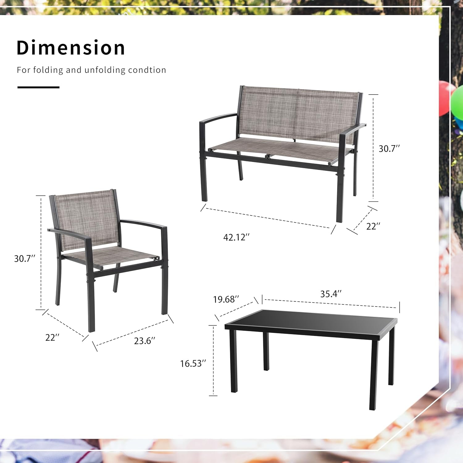 4 Pieces Patio Furniture Set All Weather Textile Fabric Outdoor Conversation Set, with Glass Coffee Table, Loveseat, 2 Single Chairs for Home, Garden, Lawn, Porch（Light Brown）