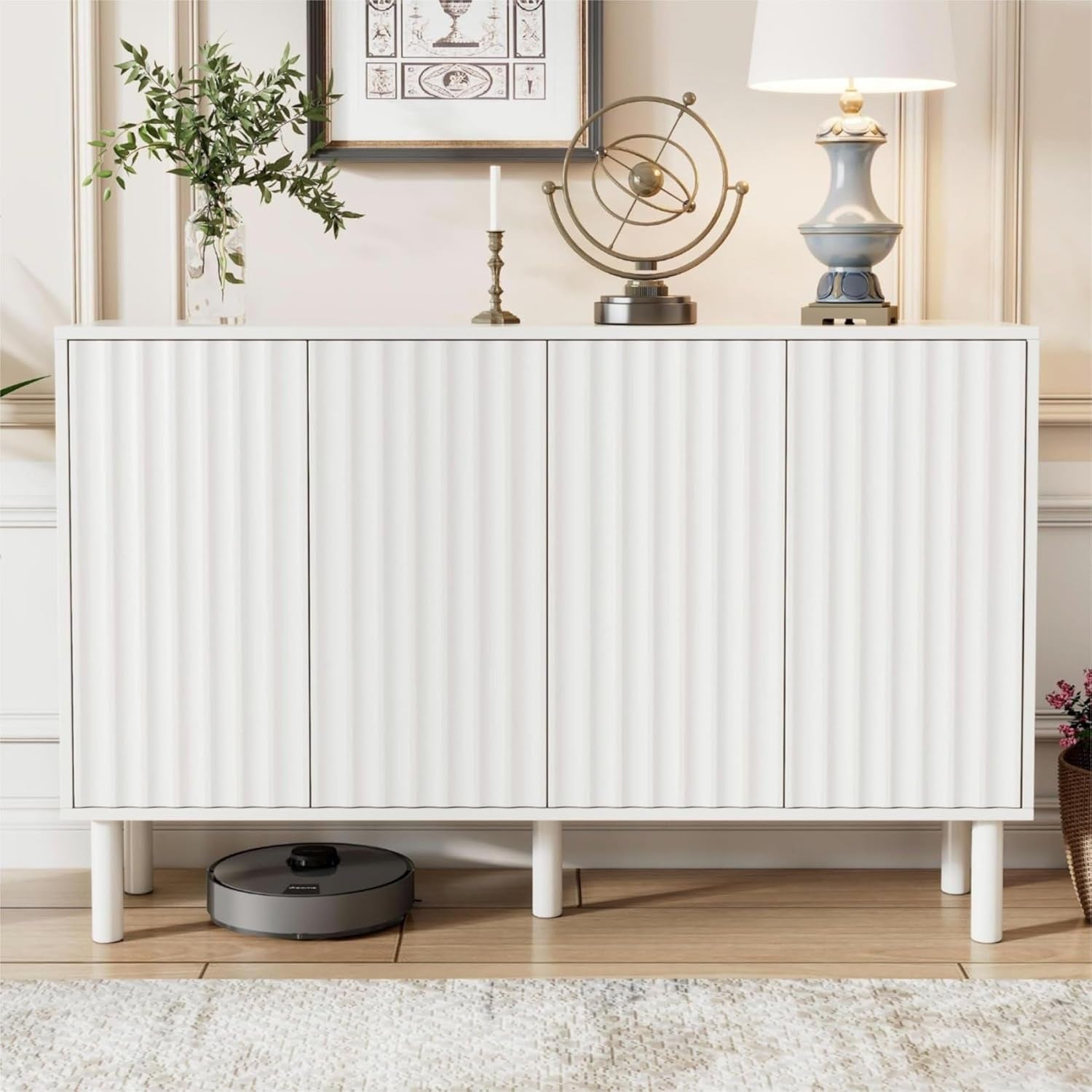 55” Shoe Cabinet Storage for Entryway with 4-Door, Freestanding Sideboard Buffet Hidden Table Organizer for Dinning Kitchen Living Room, Solid Wood Legs, Adjustable Shelves