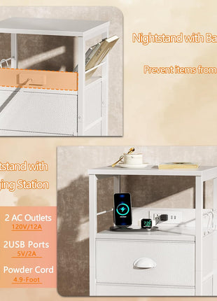 End Table with Built-in Charging Station, Fabric Drawer Nightstand, USB Port and Outlet, Storage Shelf and Hook for Living Room and Bedroom, White