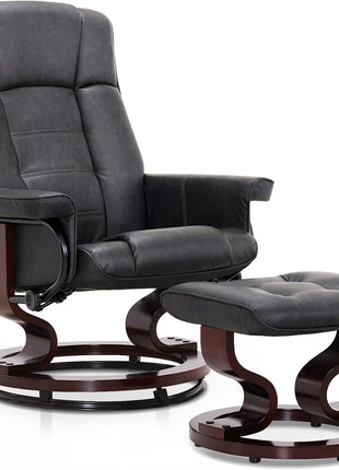 Manual Swivel Recliner and Ottoman Set for Compact Spaces - Dark Grey Faux Leather for Living Room, Bedroom, and Office