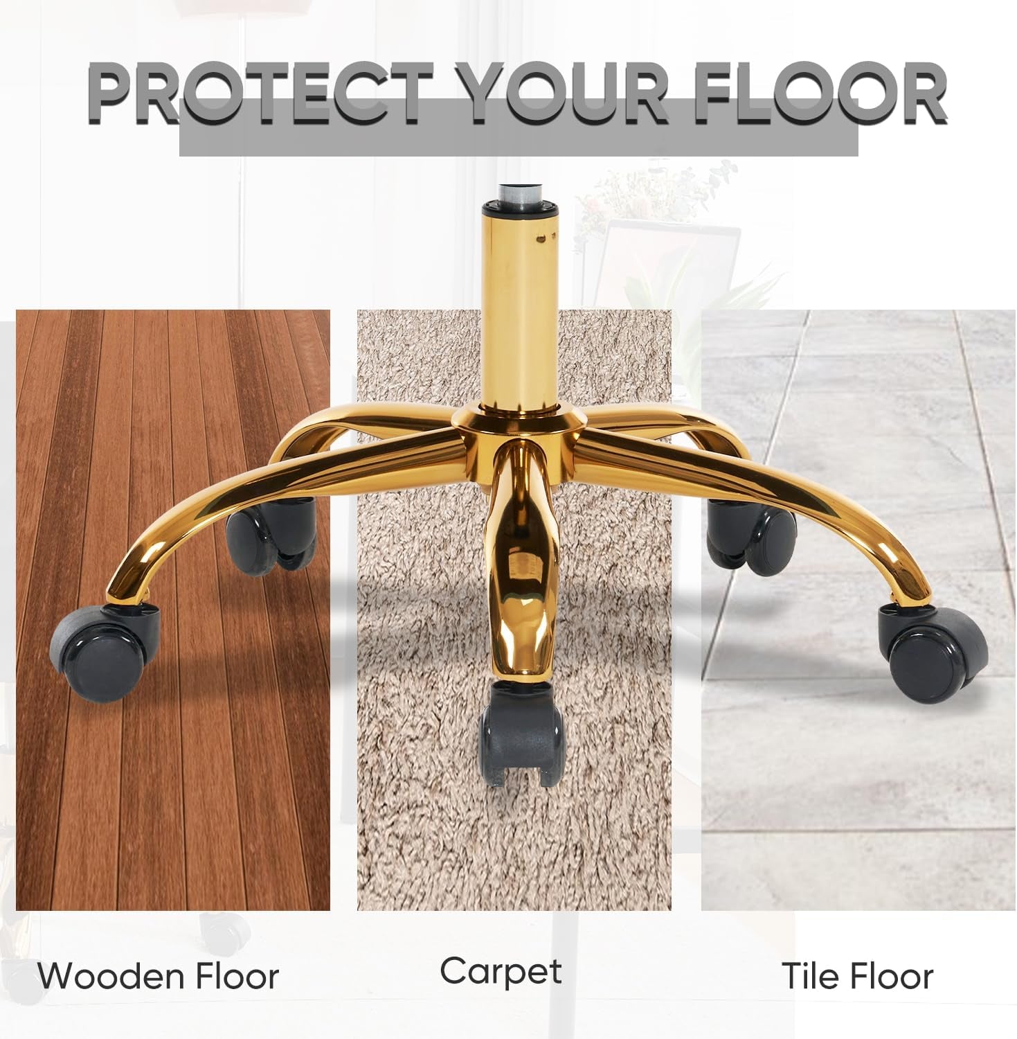 Velvet Home Office Desk Chair, Vanity Chair with Wheels Pretty Fancy Gold 360°Swivel Height Adjustable Office Chairs for Girls Home Offices, Bedrooms, Living Room (Pink)