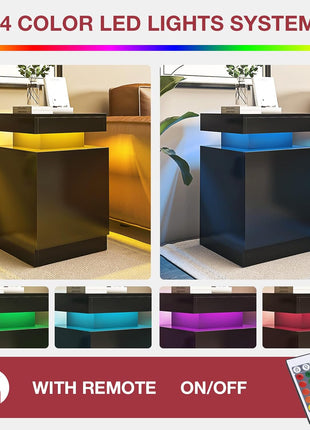 Set of 2 Black Nightstands with LED Lighting and Storage Cabinet for Bedroom