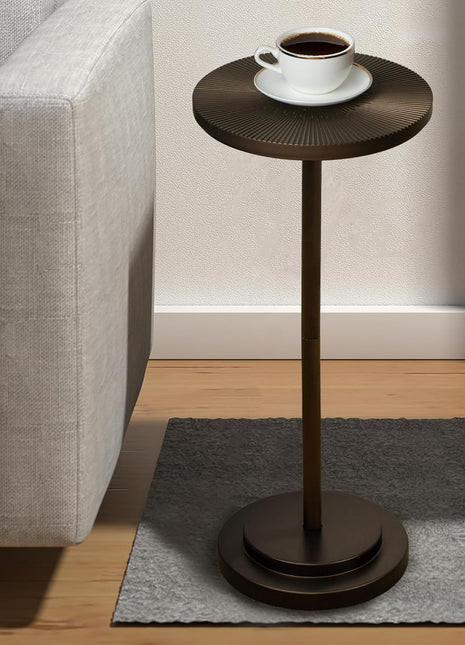 Carved Top Martini Table - Compact Pedestal Side Table with Weighted Base for Living Room, Bedroom, and Bathroom - Brown Finish