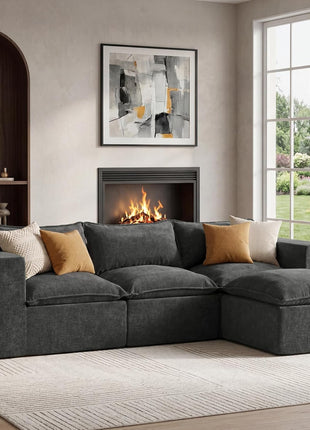 Stylish 101" Modular Cloud Sofa with Ottoman - L-Shaped Boneless Sectional Couch for Living Room, No Assembly Required, Dark Grey