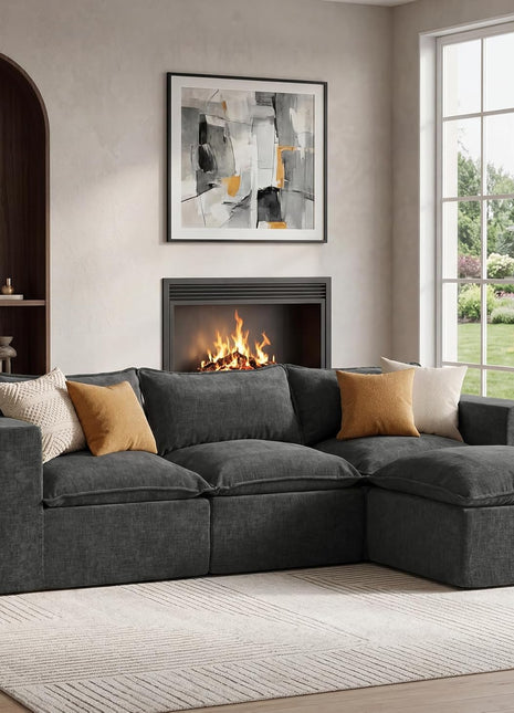 Stylish 101" Modular Cloud Sofa with Ottoman - L-Shaped Boneless Sectional Couch for Living Room, No Assembly Required, Dark Grey