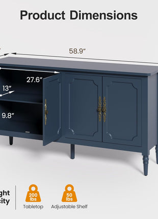 59" Vintage Buffet Cabinet with Adjustable Shelves and Carved Handle, Mid-Century Modern Navy Blue Sideboard for Kitchen and Dining Room