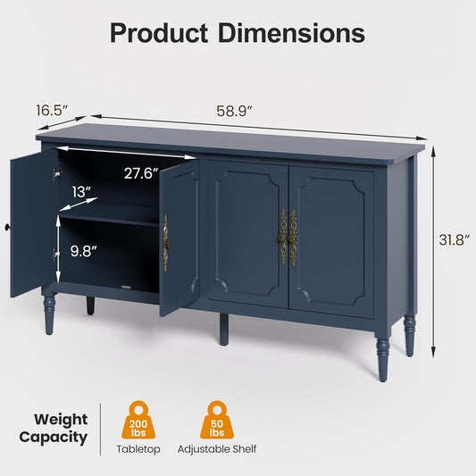 59" Buffet Cabinet with Storage, Vintage Sideboard with Adjustable Shelves & Carved Handle, Mid Century Modern Painted Credenza Coffee Bar for Kitchen, Dining Room, Navy Blue