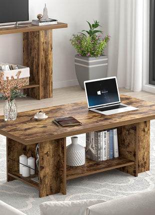 Rustic Brown 47-Inch Rectangular Coffee Table with Storage and Side Shelves for Living Room
