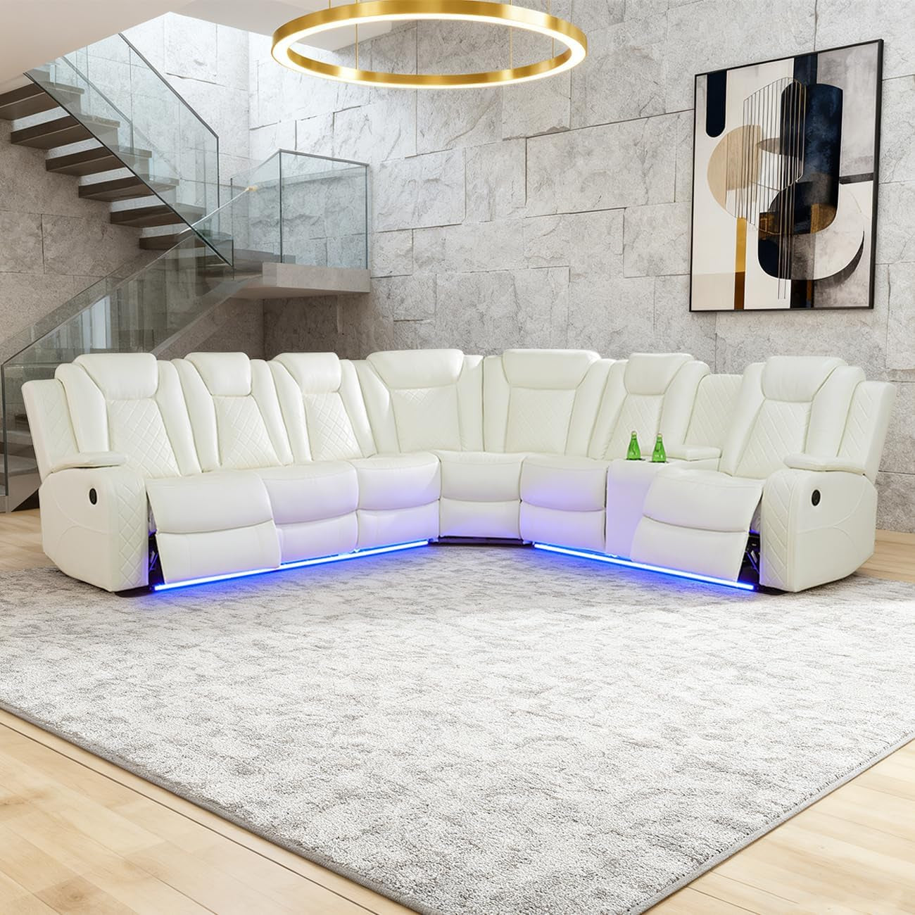 Power Recliner Sectional Sofa Set for Living Room Furniture Sets,Leather Reclining Sofa Set with LED Lights/Hidden Storage,L- Shaped Couch for Living Room/Home Theater(White,Sectional)
