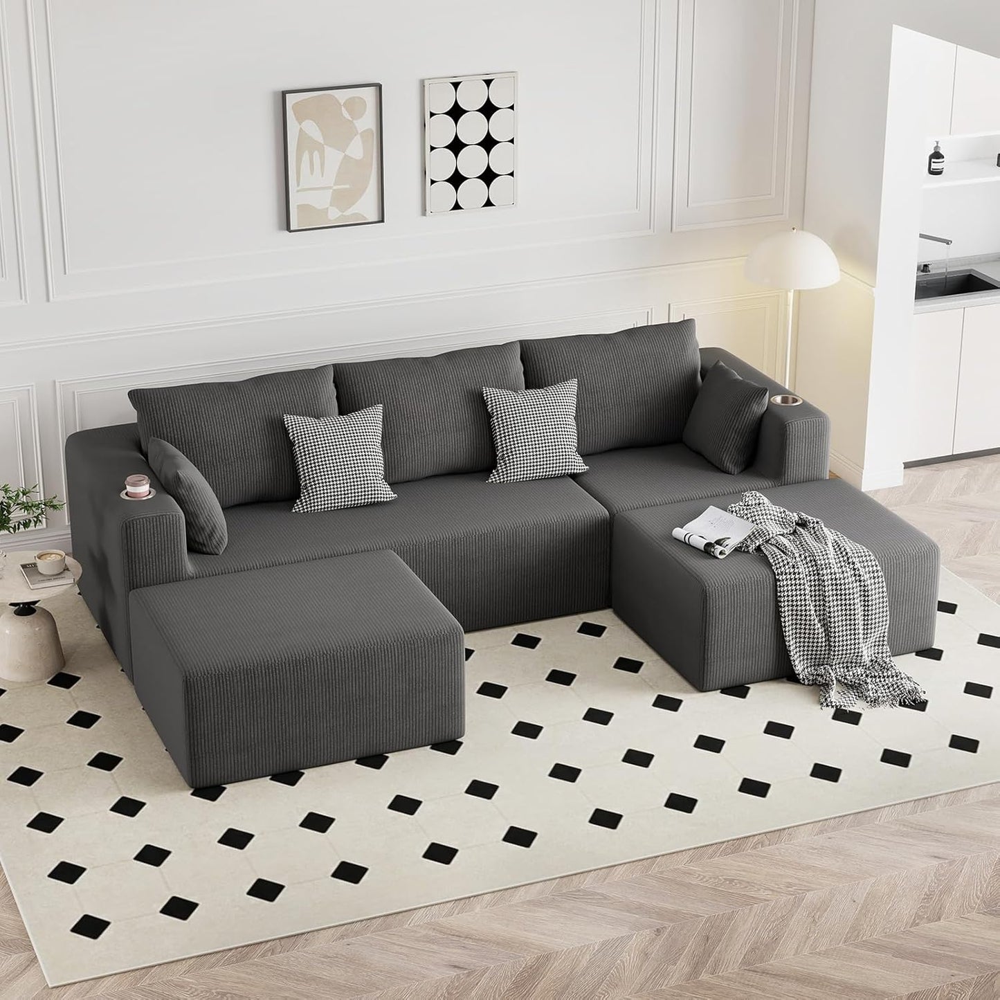 112" U Shaped Modular Sectional Sofa with 2 Ottomans, Boneless Cloud Couch with Chaise for Living Room, Modern Deep Seat Lounge Sleeper Couch Bed, No Assembly, Corduroy Dark Grey