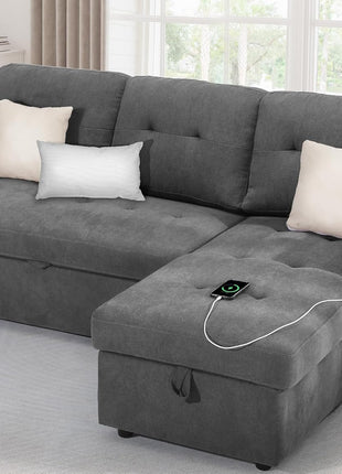 Multi-functional Sleeper Sofa Bed with Storage, USB Ports, and Cup Holders - Elegant 3-In-1 Sectional Couch for Living Rooms and Apartments in Dark Gray