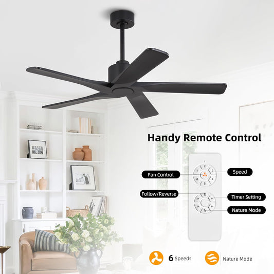 48" DC Ceiling Fan No Light - 5 Carved Solid Wood Blades, 6-Speed Reversible DC Motor, Ceiling Fan without Lights for Living Room Bedroom Kitchen Patio, Indoor and Outdoor, Matte Black