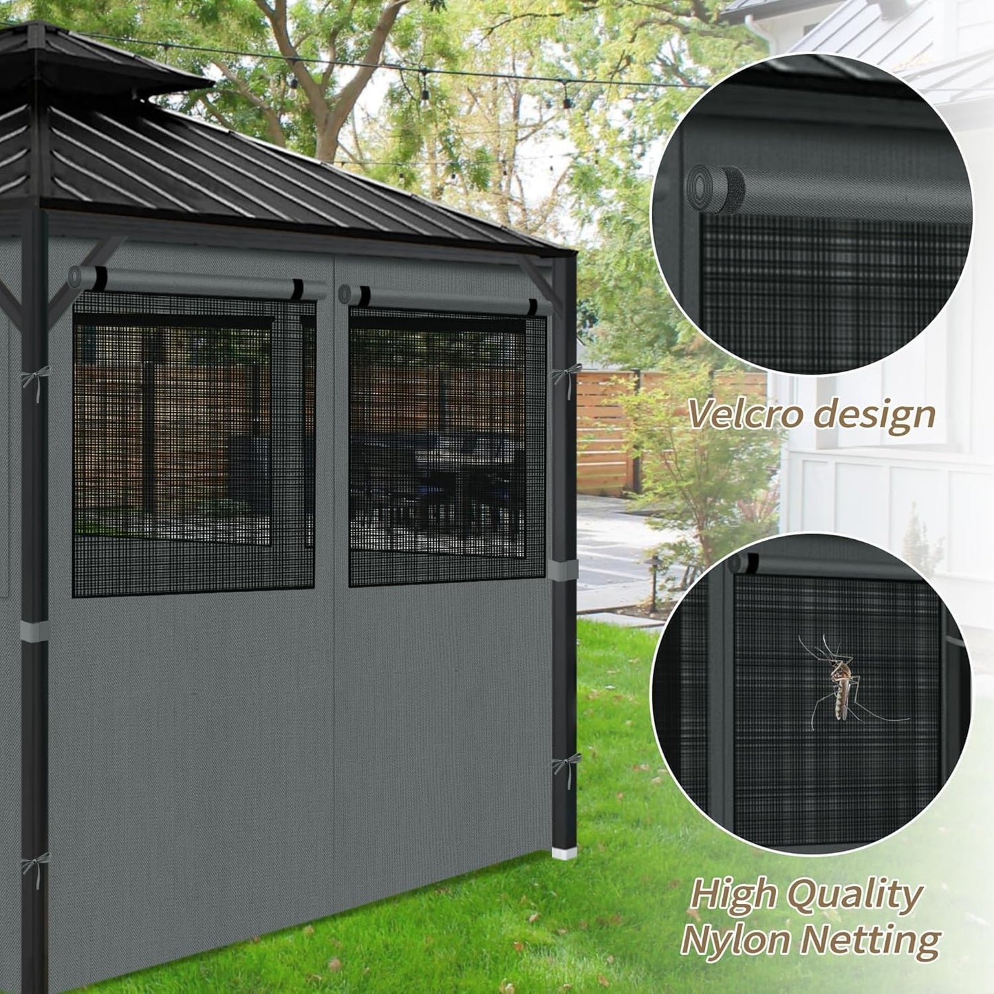 Gazebo Privacy Curtains 10' X 12' with Mosquito Windows, 4-Panels Side Wall with Zipper Universal Replacement for Patio, Outdoor Canopy, Garden and Backyard, Gray (Curtain Only)