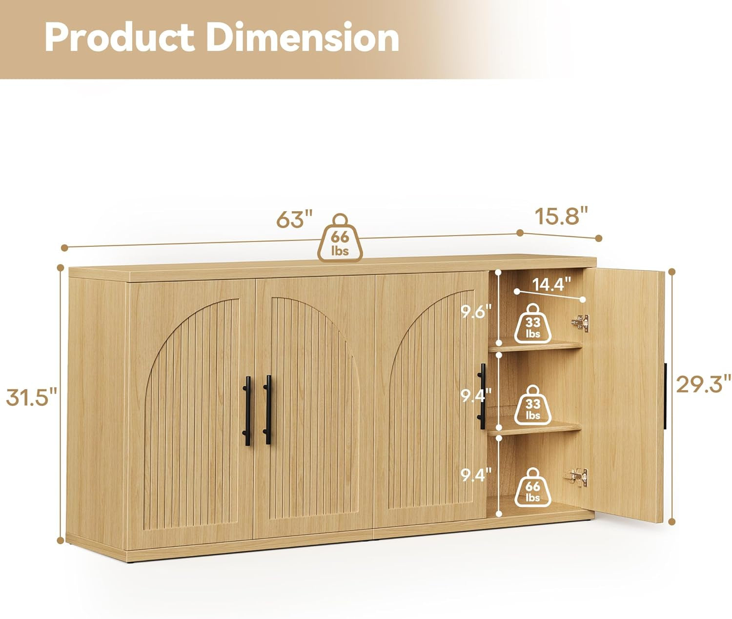 63" Fluted Buffet Cabinet with Storage, Modern Symmetrical Arched Sideboard Credenza with Adjustable Shelf, Elegant Wood Console Table for Dining Room, Kitchen, Living Room(Oak)