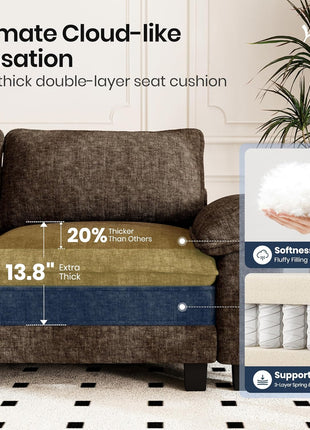 Cloud Modular Couch Sets: 123.6" U-Shaped Sectional Sofa with 5-Seater Capacity and 2 Movable Ottomans, Chenille Fabric in Taupe for Living Room