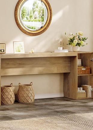 70.9-Inch Extra Long Console Table with Dual Storage Cabinets, Wooden Sofa Table for Behind Couch, Elegant Entryway Table with Double Base for Living Room, Hallway, and Foyer in Natural Oak Finish