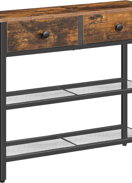 29.5" Narrow Console Table with Dual Fabric Drawers and Three-Tier Storage Shelves, Perfect for Living Room and Hallway, Rustic Brown and Black Finish